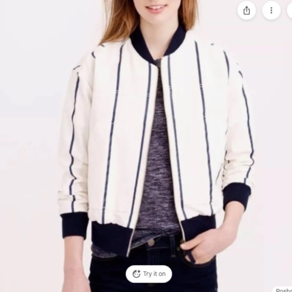 J. Crew Navy and White Striped Bomber Baseball Jacket S